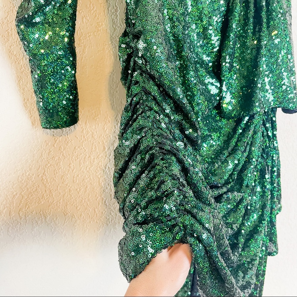 16Arlington One Sleeve Draped Sequined Tulle Mini Dress Green Size UK 8 US 4 - Picture 5 of 15